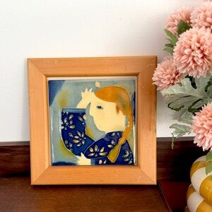 Vintage Abstract Woman with a Braid Flower Jacket Wood Framed Tile Wall Hang 8.5